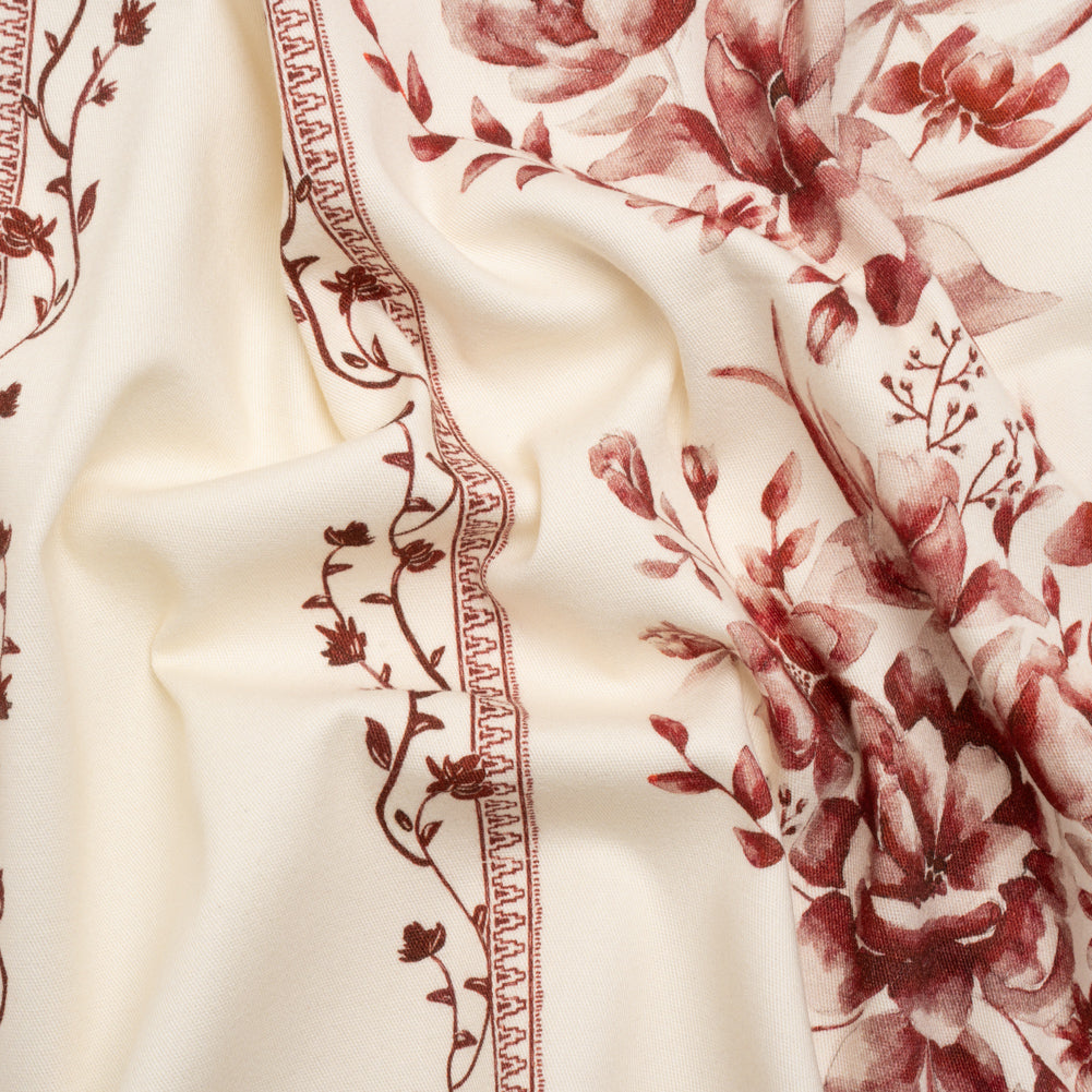 Brushed Stretch Cotton Twill Print - Burgundy and White Floral Stripes - Mood Exclusive Pathway to Paradise Brushed Stretch Cotton Twill Print - Burgundy and White Floral Stripes - Mood Exclusive Pathway to Paradise
