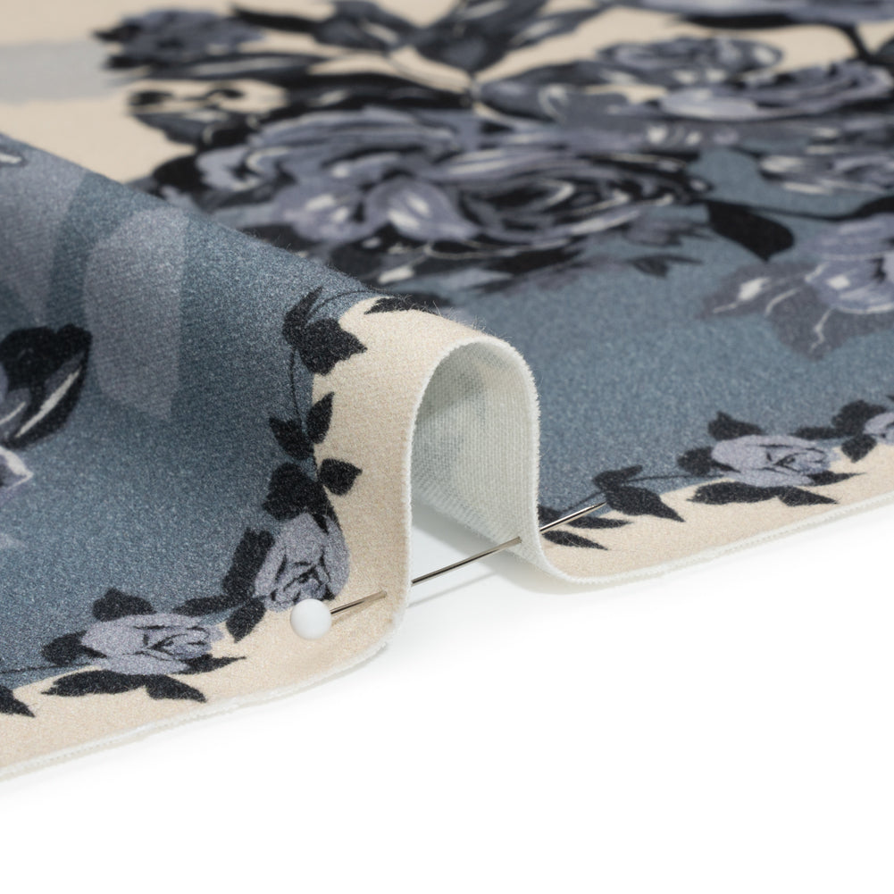Brushed Stretch Cotton Twill Panel - Blue and Cream Roses - Mood Exclusive Space for Grace Detail Brushed Stretch Cotton Twill Panel - Blue and Cream Roses - Mood Exclusive Space for Grace Detail