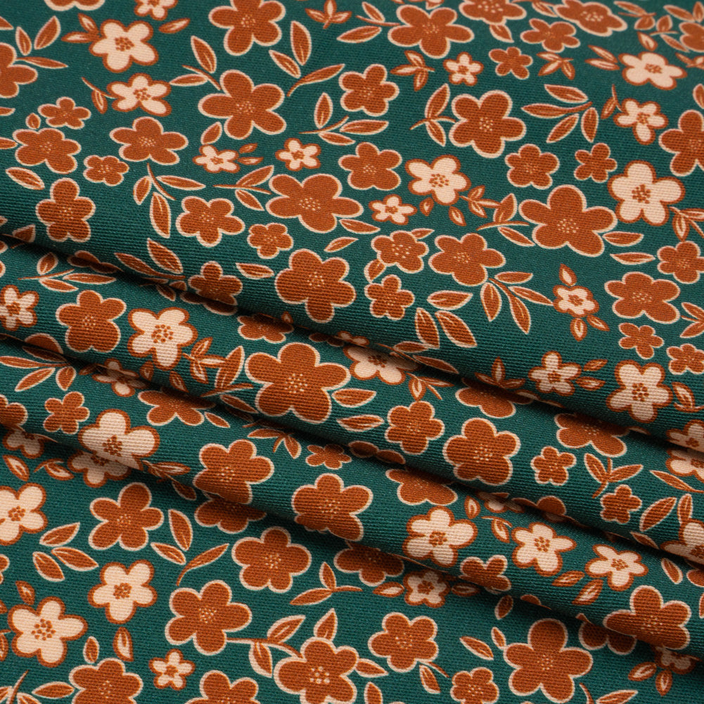 Stretch Cotton Twill Print - Teal, Rust and Peach Floral - Mood Exclusive September Sprouts Folded Stretch Cotton Twill Print - Teal, Rust and Peach Floral - Mood Exclusive September Sprouts Folded