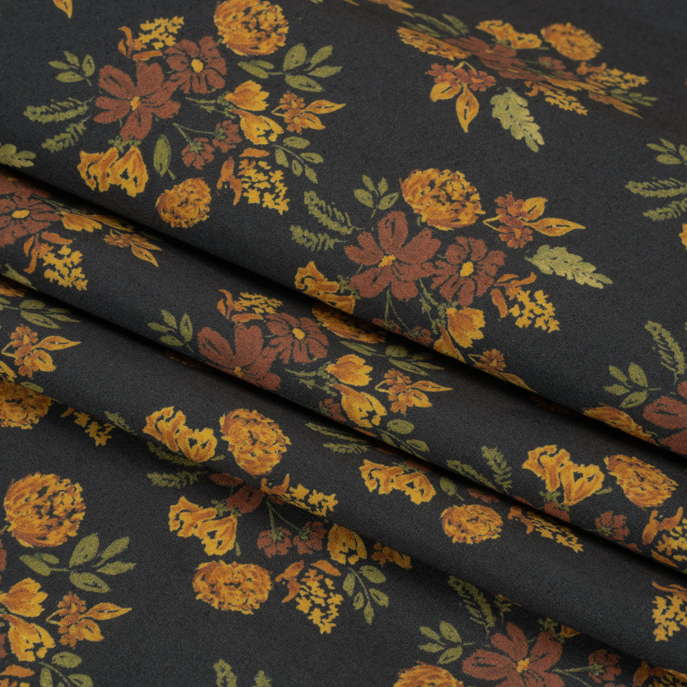 Stretch Cotton Poplin Print - Navy, Rust and Orange Floral - Mood Exclusive Amber Bunches Folded Stretch Cotton Poplin Print - Navy, Rust and Orange Floral - Mood Exclusive Amber Bunches Folded