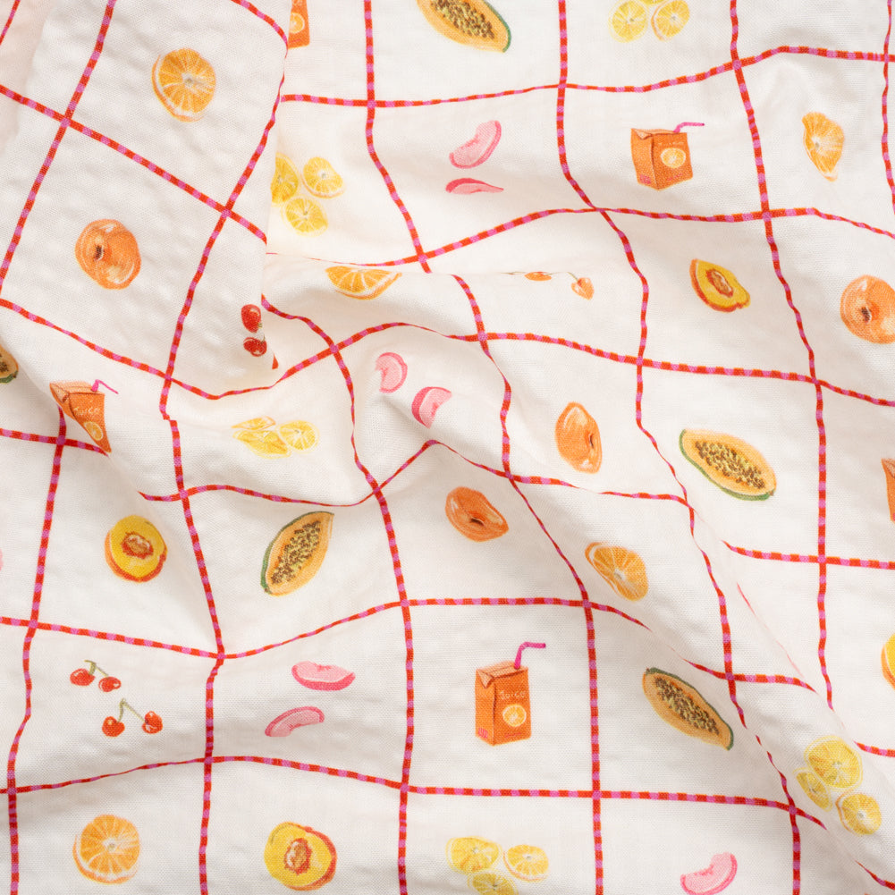 Cotton and Viscose Striped Seersucker Print - White Windowpane Checks and Fruit - Mood Exclusive Fruit Juice Jackpot Cotton and Viscose Striped Seersucker Print - White Windowpane Checks and Fruit - Mood Exclusive Fruit Juice Jackpot