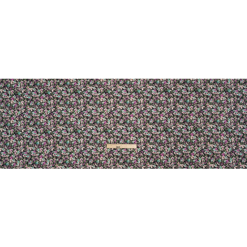 Stretch Cotton and Viscose Sateen Print - Magenta, Baby Blue and Green Floral - Mood Exclusive Meandering at Midnight Drape Stretch Cotton and Viscose Sateen Print - Magenta, Baby Blue and Green Floral - Mood Exclusive Meandering at Midnight Drape
