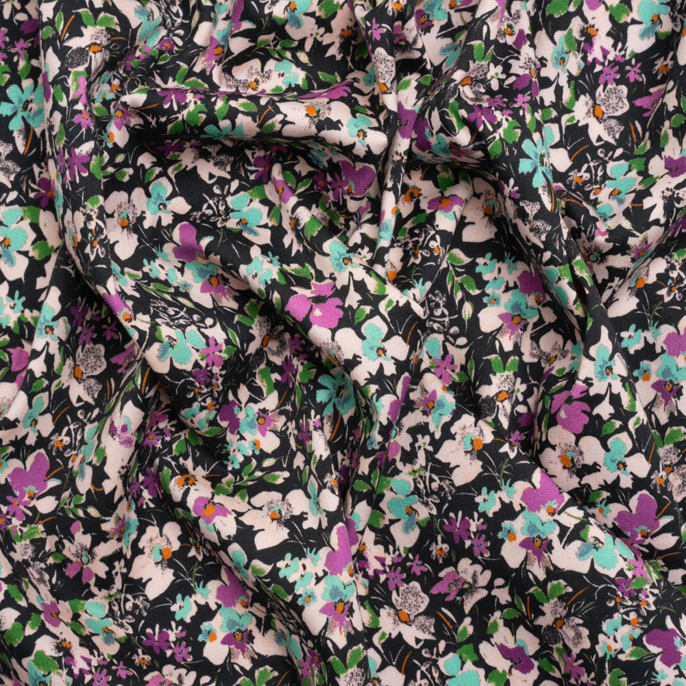 Stretch Cotton and Viscose Sateen Print - Magenta, Baby Blue and Green Floral - Mood Exclusive Meandering at Midnight Stretch Cotton and Viscose Sateen Print - Magenta, Baby Blue and Green Floral - Mood Exclusive Meandering at Midnight