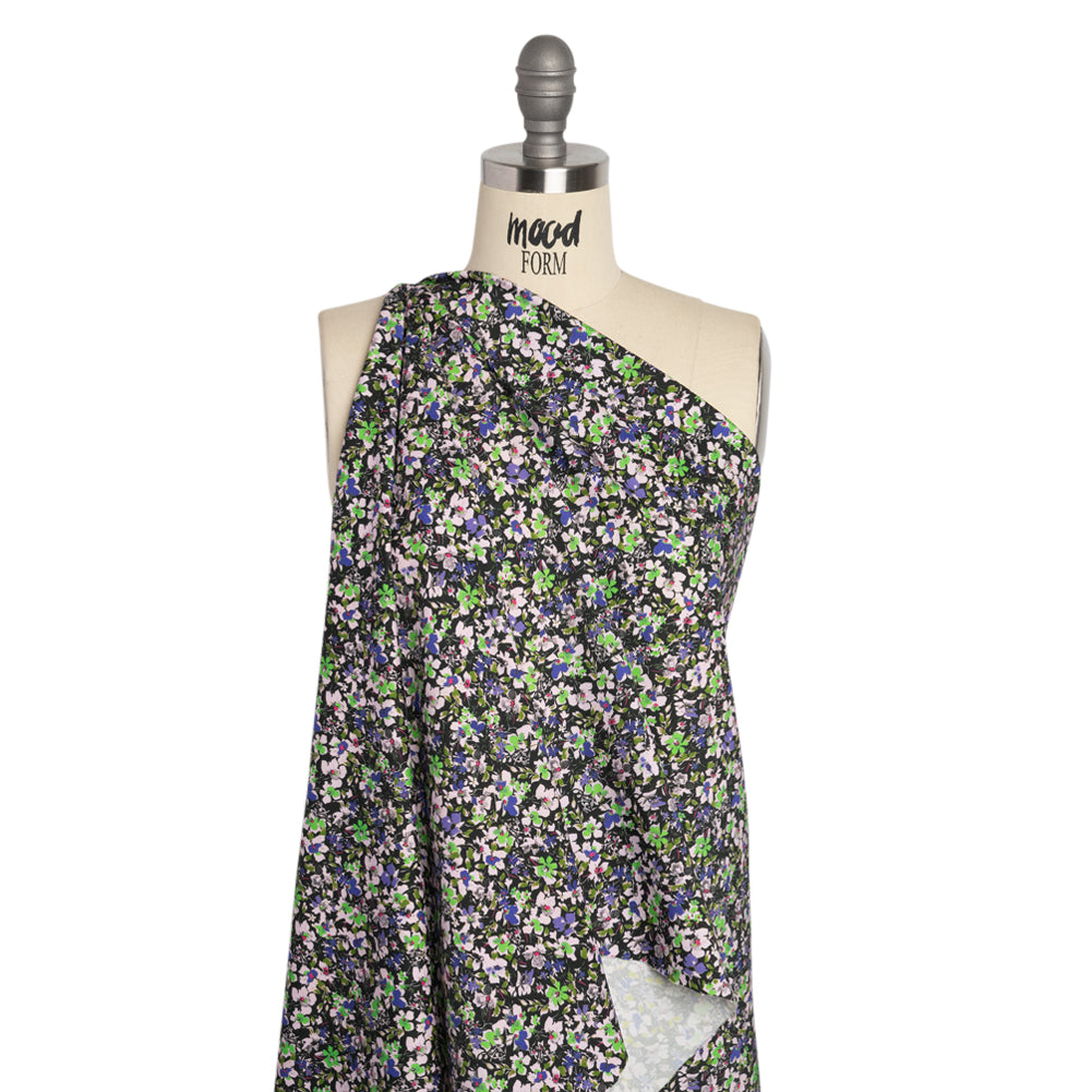 Stretch Cotton and Viscose Sateen Print - Indigo, Lime and Black Floral - Mood Exclusive Meandering at Midnight Detail Stretch Cotton and Viscose Sateen Print - Indigo, Lime and Black Floral - Mood Exclusive Meandering at Midnight Detail