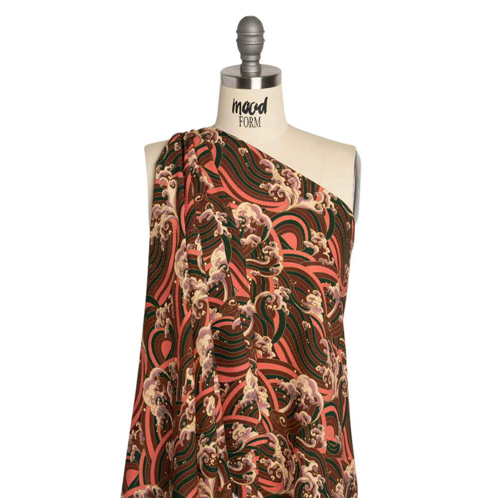 Sustainable Viscose Floral Jacquard Print - Pink, Green and Brown Striped Waves - Mood Exclusive Hokusai Hymnal Drape Sustainable Viscose Floral Jacquard Print - Pink, Green and Brown Striped Waves - Mood Exclusive Hokusai Hymnal Drape