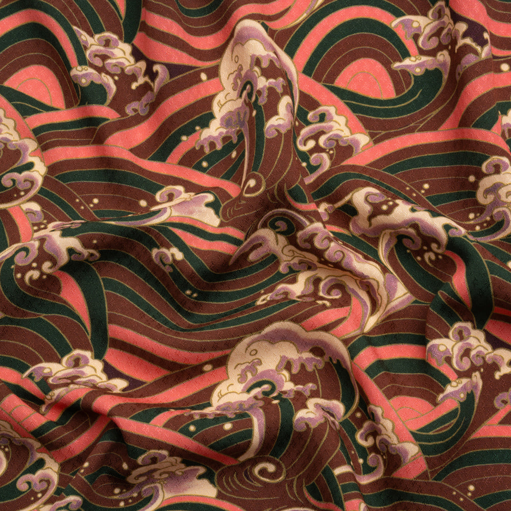 Sustainable Viscose Floral Jacquard Print - Pink, Green and Brown Striped Waves - Mood Exclusive Hokusai Hymnal Sustainable Viscose Floral Jacquard Print - Pink, Green and Brown Striped Waves - Mood Exclusive Hokusai Hymnal