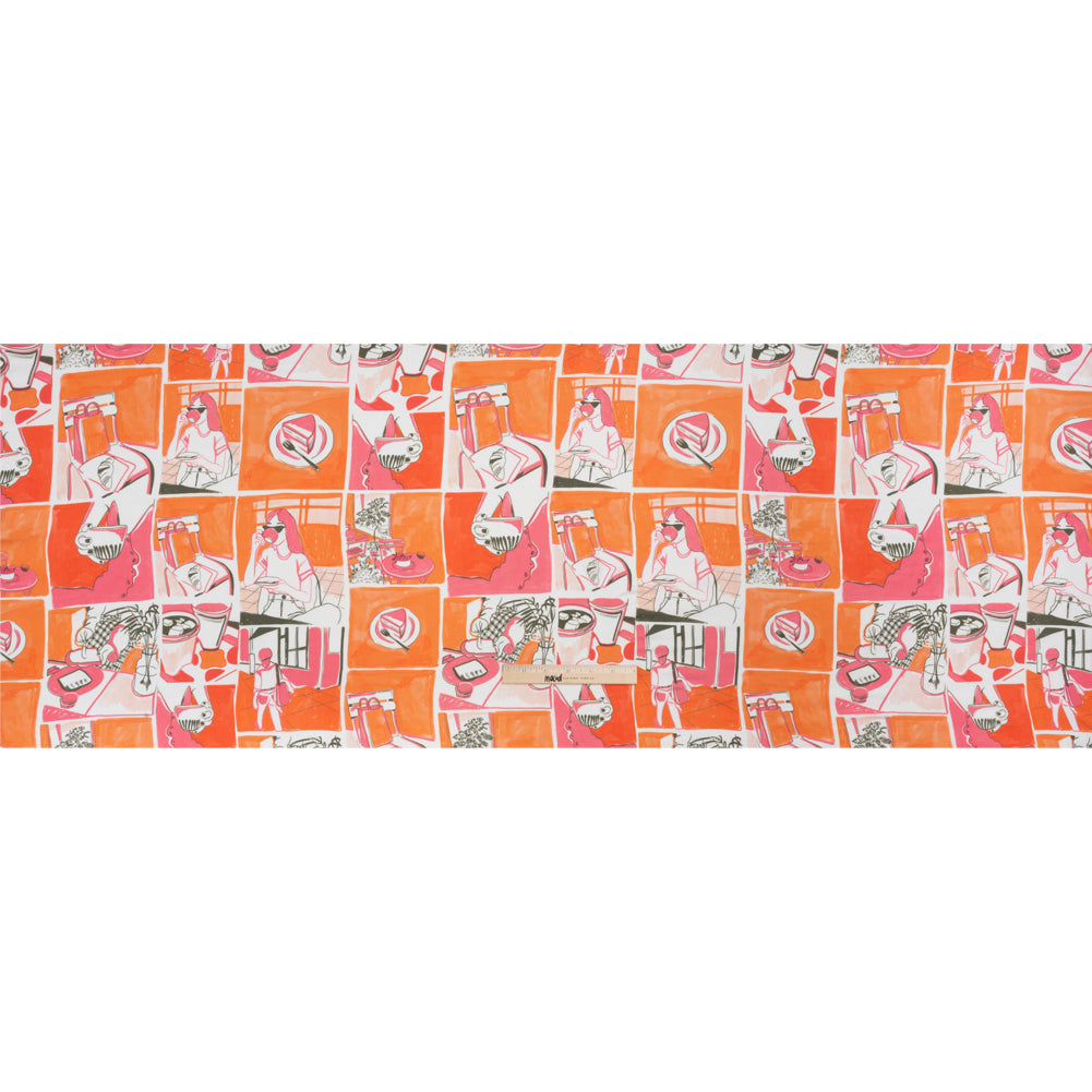 Sustainable and Recycled Viscose Satin Print - Orange and Pink Cafe Snapshots Patchwork - Mood Exclusive Italian Afternoon Drape Sustainable and Recycled Viscose Satin Print - Orange and Pink Cafe Snapshots Patchwork - Mood Exclusive Italian Afternoon Drape