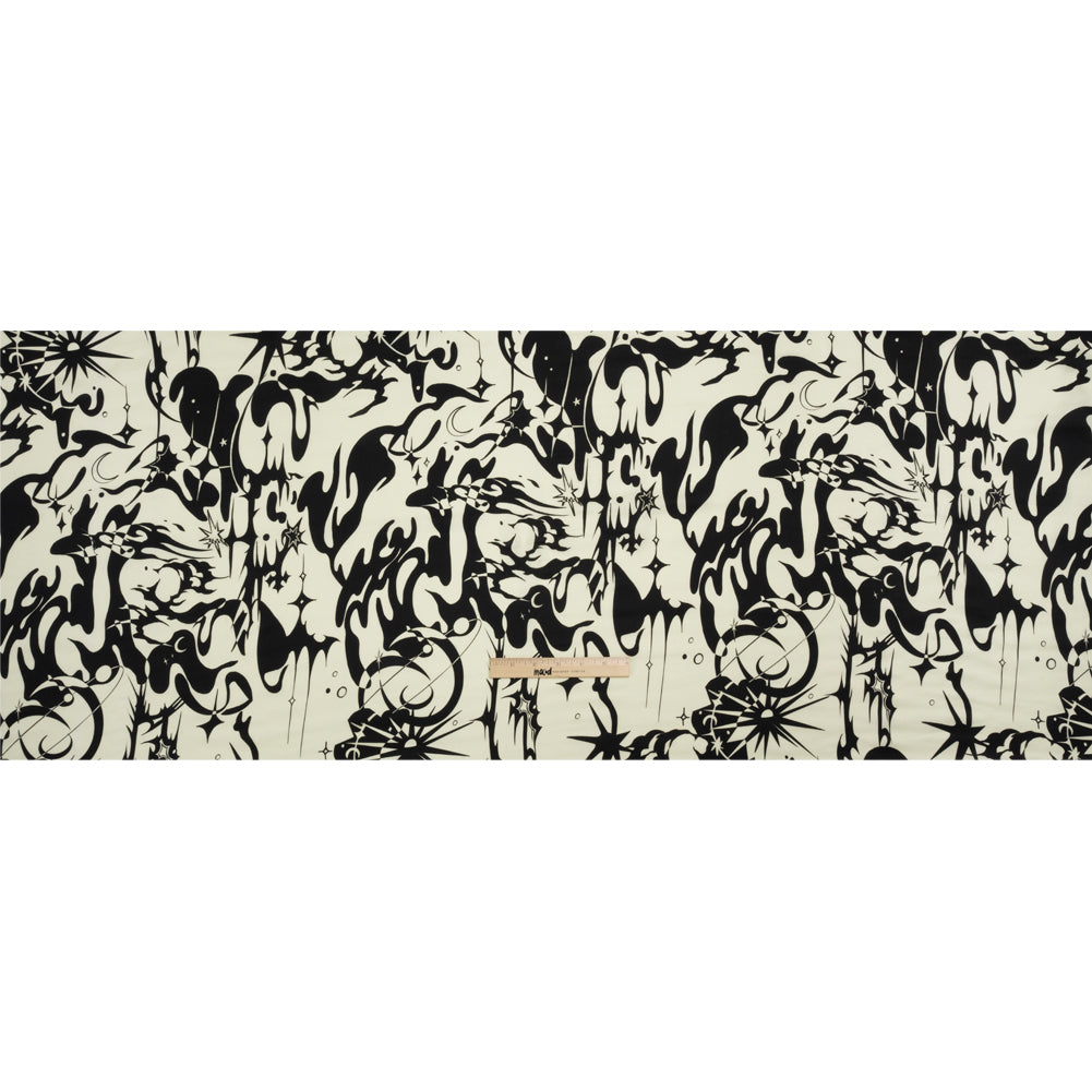 Sustainable and Recycled Viscose Satin Print - Cream and Black Abstract and Stars - Mood Exclusive Cosmic Chaos Drape Sustainable and Recycled Viscose Satin Print - Cream and Black Abstract and Stars - Mood Exclusive Cosmic Chaos Drape