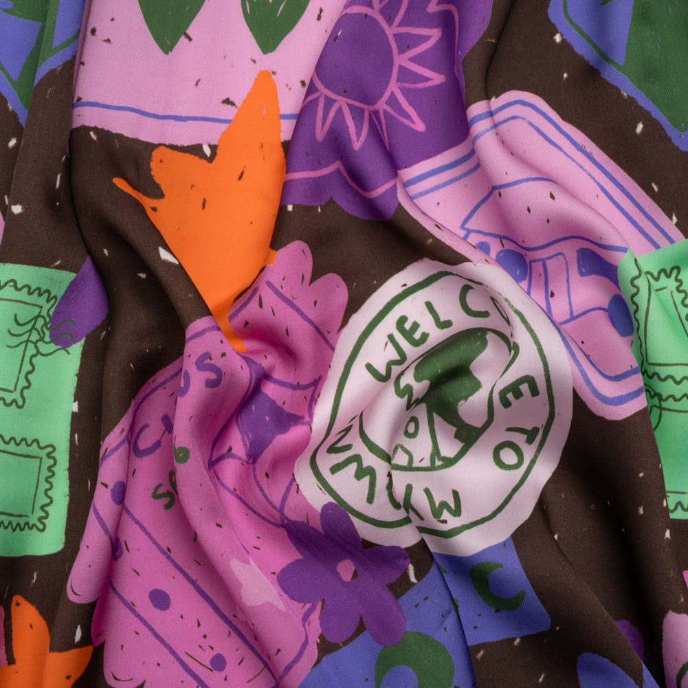 Sustainable and Recycled Viscose Satin Print - Purple, Mint and Blue Scrapbook Collage - Mood Exclusive Penpal Persona Sustainable and Recycled Viscose Satin Print - Purple, Mint and Blue Scrapbook Collage - Mood Exclusive Penpal Persona