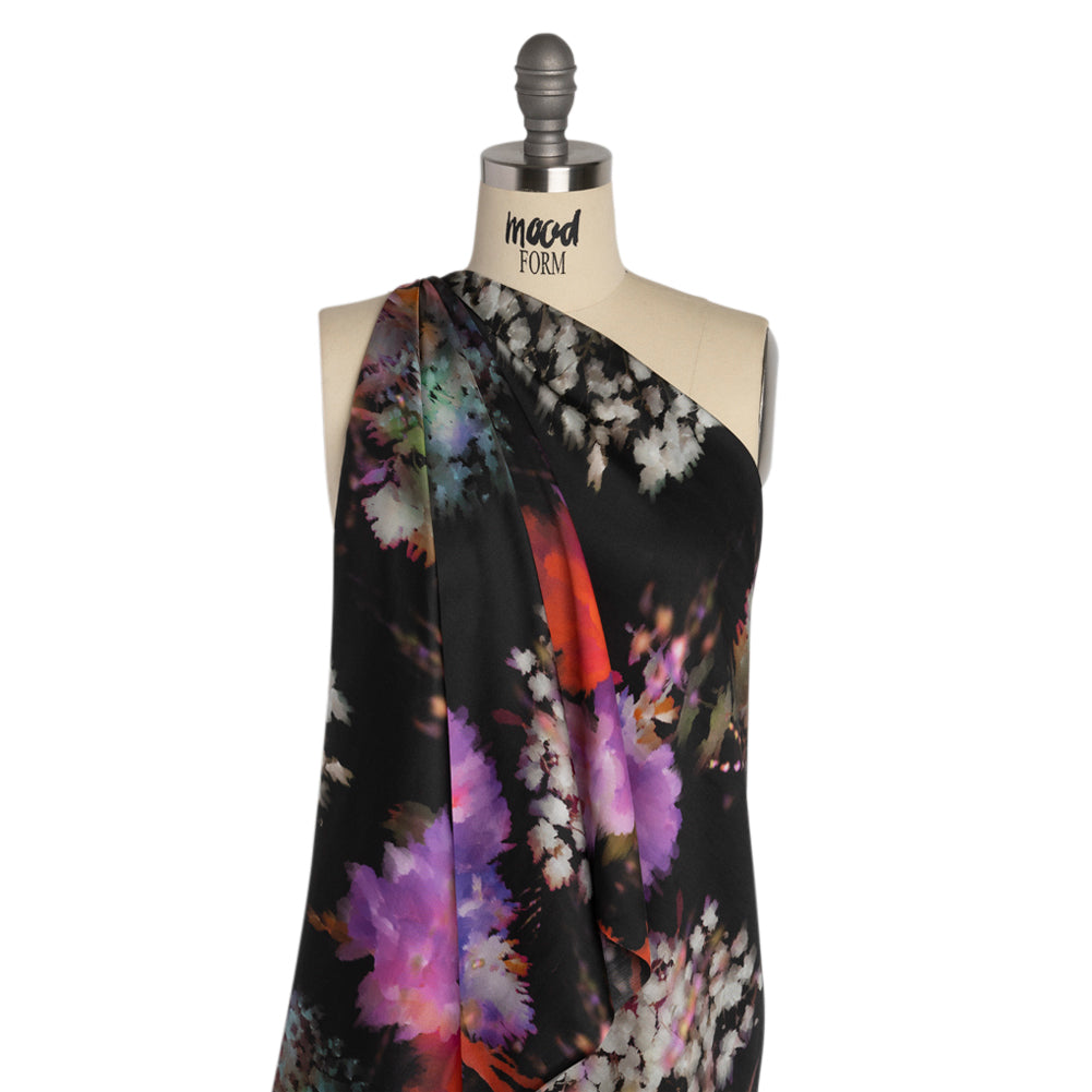 Sustainable and Recycled Viscose Satin Print - Purple, Red and Black Abstract Floral - Mood Exclusive Forest of Colors Detail Sustainable and Recycled Viscose Satin Print - Purple, Red and Black Abstract Floral - Mood Exclusive Forest of Colors Detail