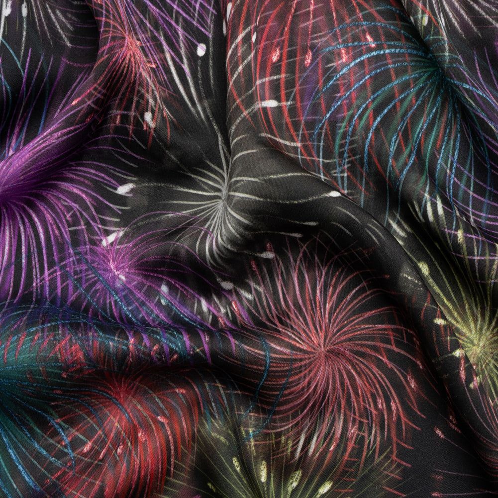 Sustainable and Recycled Viscose Satin Print - Purple, Red and Green Fireworks - Mood Exclusive Twilight's Last Gleaming Sustainable and Recycled Viscose Satin Print - Purple, Red and Green Fireworks - Mood Exclusive Twilight's Last Gleaming