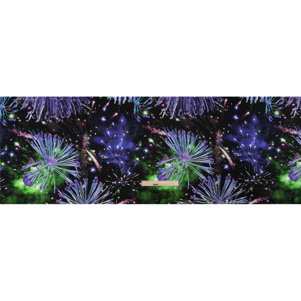 Sustainable and Recycled Viscose Satin Print - Purple, Black and Green Fireworks and Flowers - Mood Exclusive Mirrored in Nature Drape Sustainable and Recycled Viscose Satin Print - Purple, Black and Green Fireworks and Flowers - Mood Exclusive Mirrored in Nature Drape