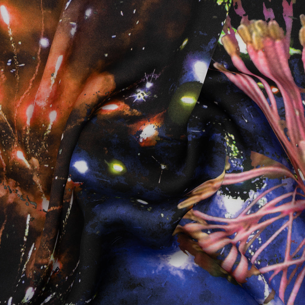 Sustainable and Recycled Viscose Satin Print - Pink, Orange and Black Fireworks and Flowers - Mood Exclusive Mirrored in Nature Sustainable and Recycled Viscose Satin Print - Pink, Orange and Black Fireworks and Flowers - Mood Exclusive Mirrored in Nature