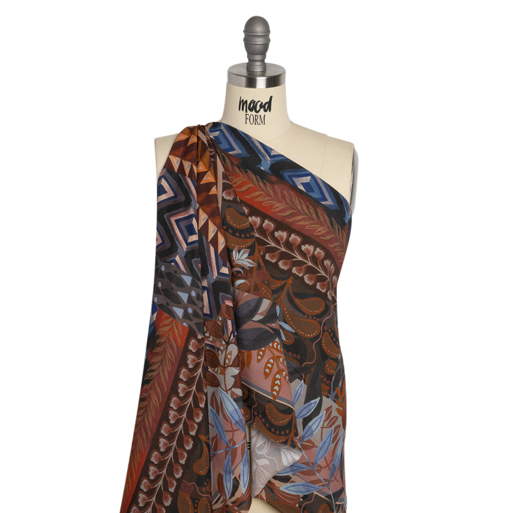 Sustainable Viscose Crepe Print - Navy and Dark Red Floral and Geometric Stripe Patchwork - Mood Exclusive Autumn Equinox Detail Sustainable Viscose Crepe Print - Navy and Dark Red Floral and Geometric Stripe Patchwork - Mood Exclusive Autumn Equinox Detail