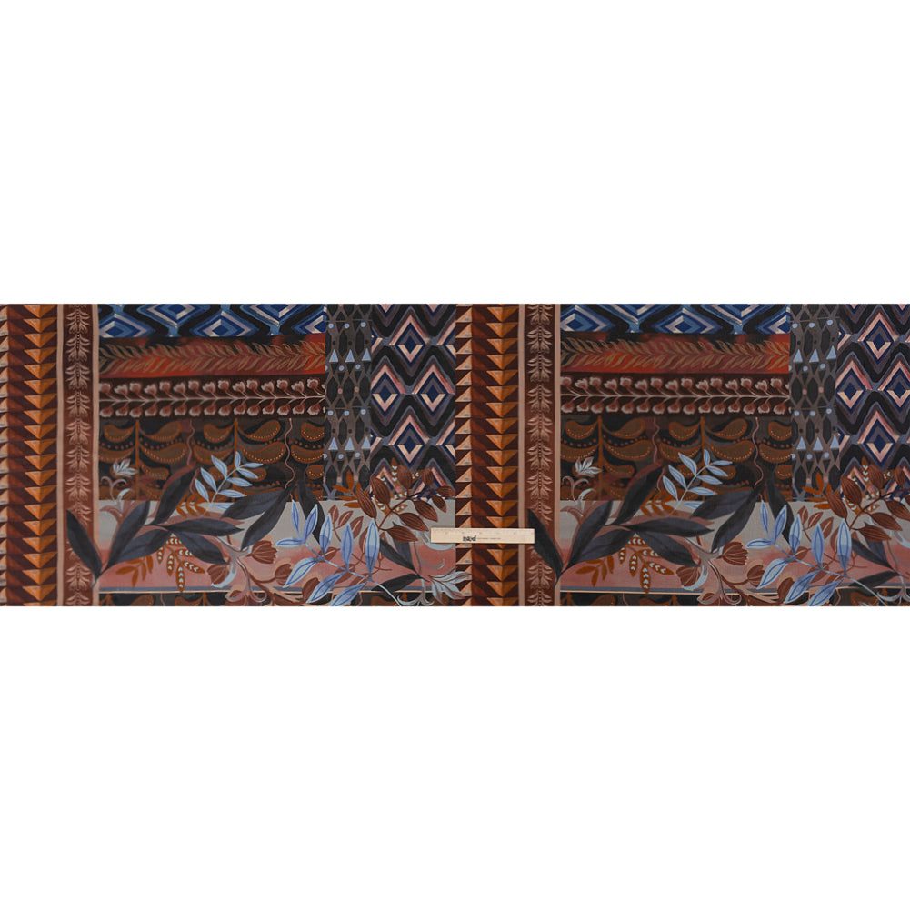 Sustainable Viscose Crepe Print - Navy and Dark Red Floral and Geometric Stripe Patchwork - Mood Exclusive Autumn Equinox Drape Sustainable Viscose Crepe Print - Navy and Dark Red Floral and Geometric Stripe Patchwork - Mood Exclusive Autumn Equinox Drape