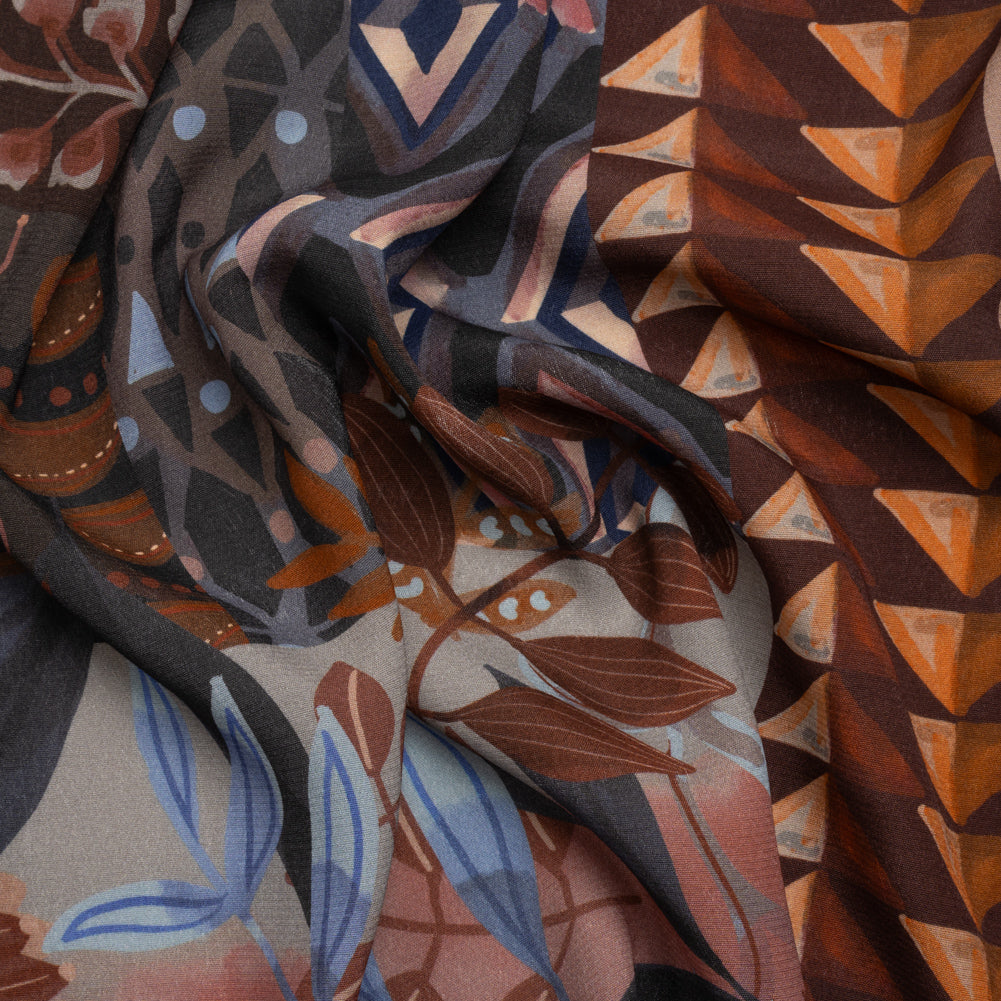Sustainable Viscose Crepe Print - Navy and Dark Red Floral and Geometric Stripe Patchwork - Mood Exclusive Autumn Equinox Sustainable Viscose Crepe Print - Navy and Dark Red Floral and Geometric Stripe Patchwork - Mood Exclusive Autumn Equinox