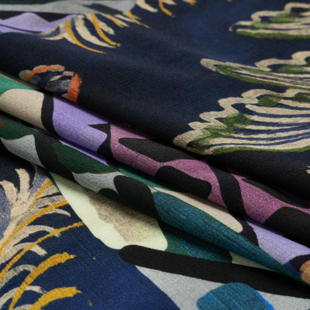 Sustainable Viscose Crepe Print - Blue, Green and Periwinkle Leafy and Geometric Patchwork - Mood Exclusive Curtain Call Folded Sustainable Viscose Crepe Print - Blue, Green and Periwinkle Leafy and Geometric Patchwork - Mood Exclusive Curtain Call Folded