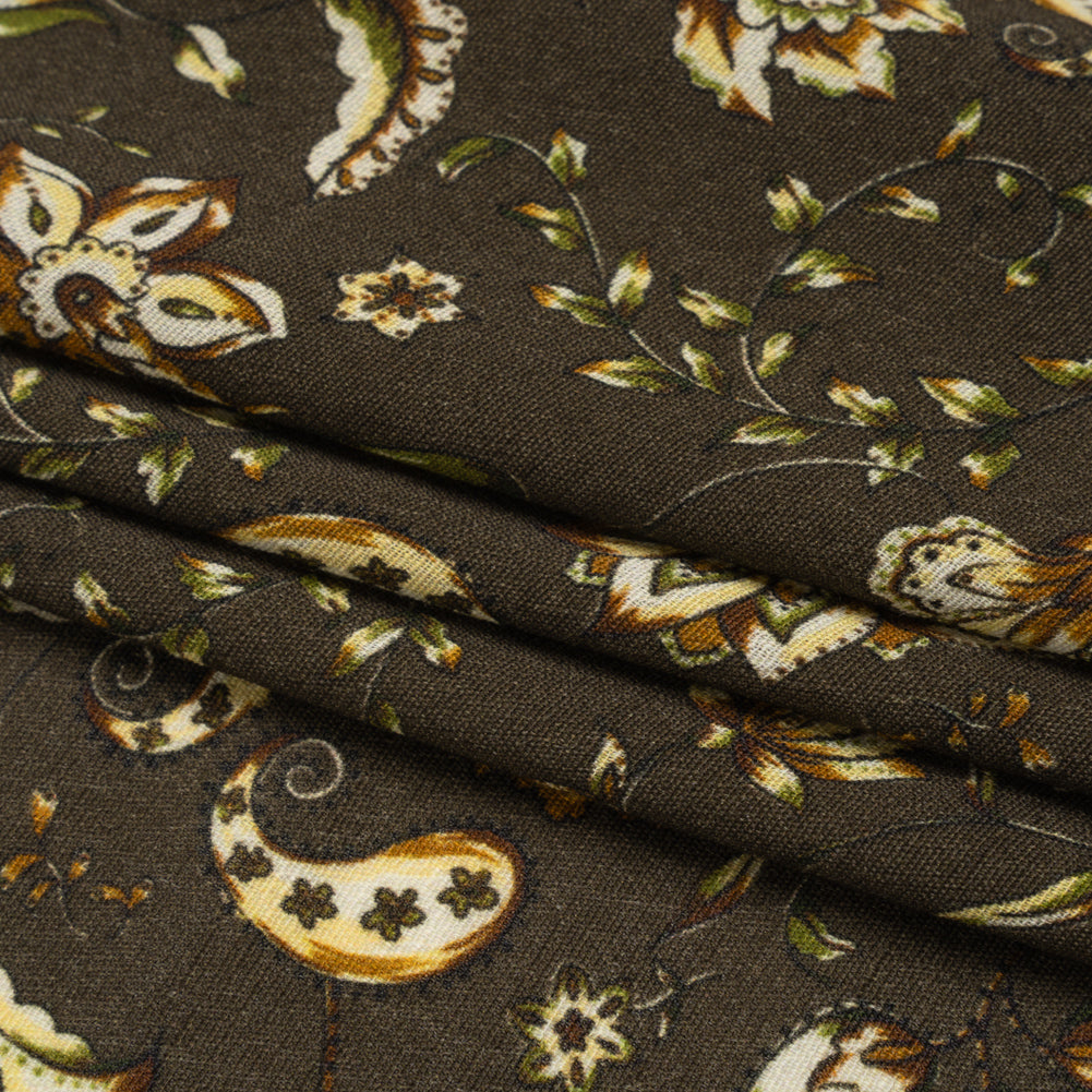 Gauzy Viscose Crepe Print - Charcoal, Green and Brown Jacobean Floral - Mood Exclusive Wooded Wonders Folded Gauzy Viscose Crepe Print - Charcoal, Green and Brown Jacobean Floral - Mood Exclusive Wooded Wonders Folded