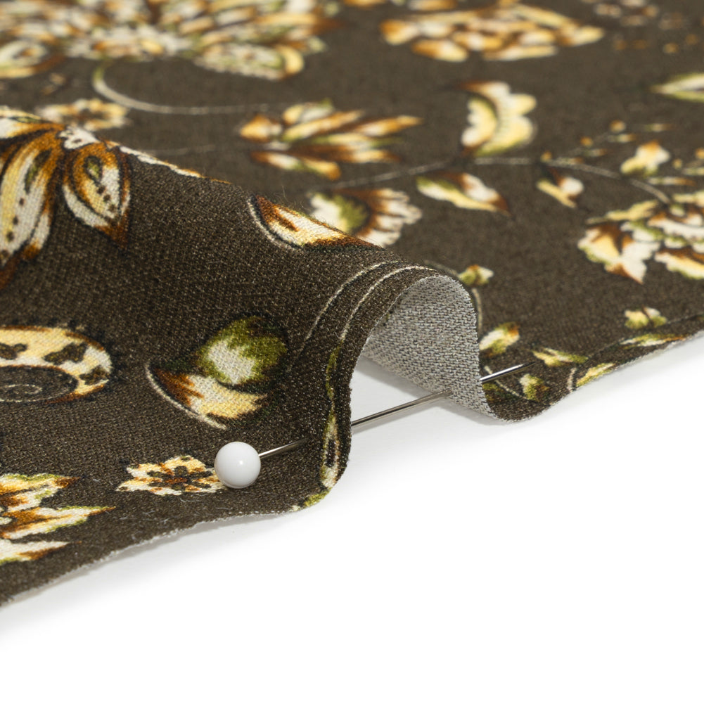 Gauzy Viscose Crepe Print - Charcoal, Green and Brown Jacobean Floral - Mood Exclusive Wooded Wonders Detail Gauzy Viscose Crepe Print - Charcoal, Green and Brown Jacobean Floral - Mood Exclusive Wooded Wonders Detail