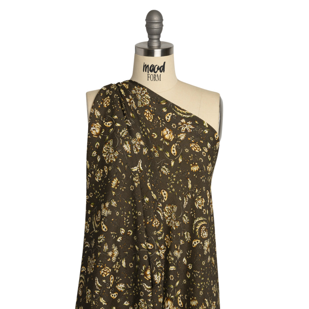 Gauzy Viscose Crepe Print - Charcoal, Green and Brown Jacobean Floral - Mood Exclusive Wooded Wonders Drape Gauzy Viscose Crepe Print - Charcoal, Green and Brown Jacobean Floral - Mood Exclusive Wooded Wonders Drape