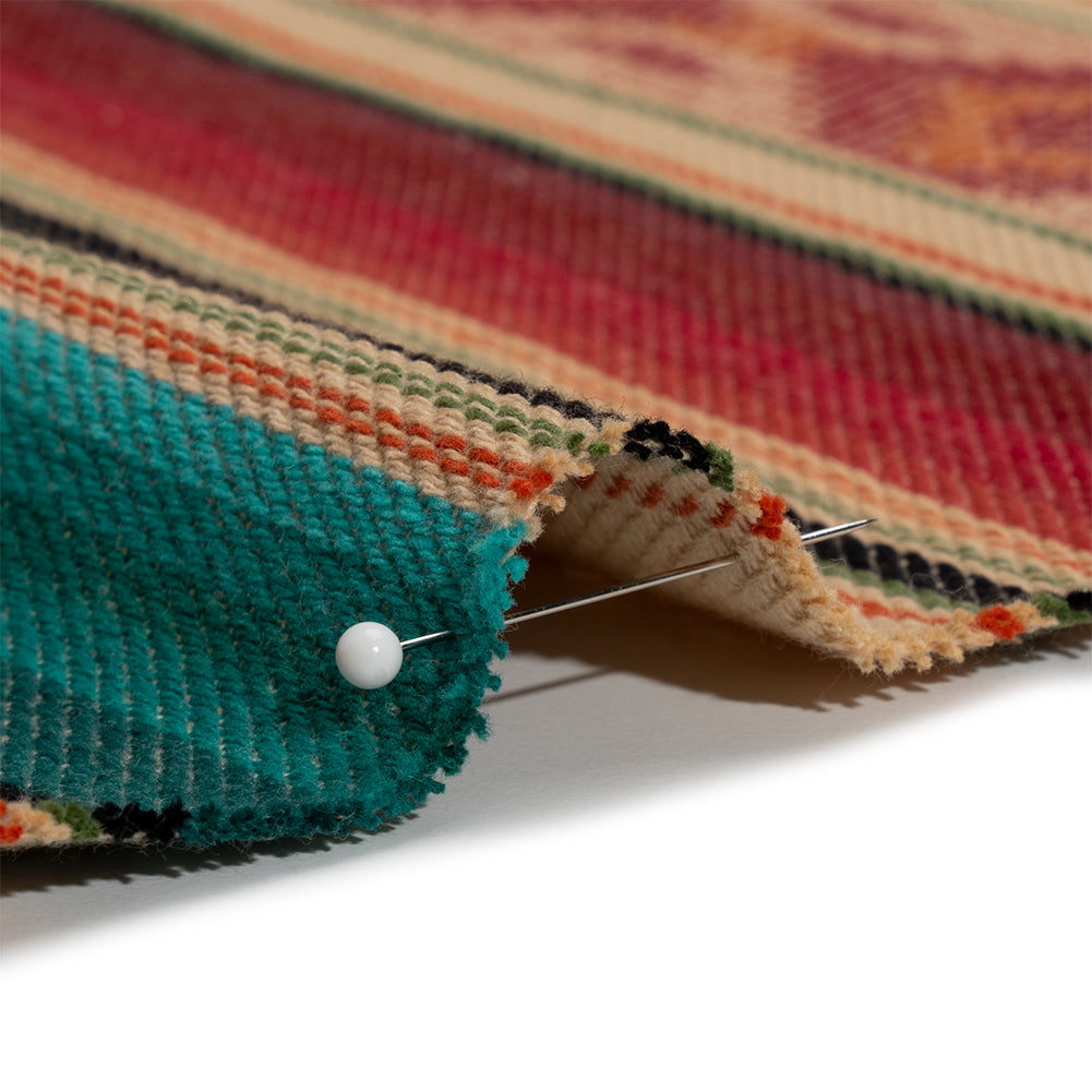 Arizona Red, Beige and Turquoise Diamond and Ombre Stripes Cotton Twill - Detail Arizona Red, Beige and Turquoise Diamond and Ombre Stripes Cotton Twill - Detail