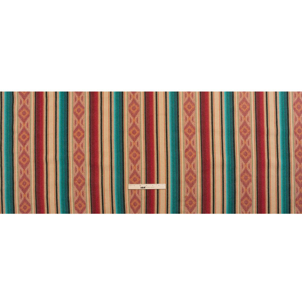 Arizona Red, Beige and Turquoise Diamond and Ombre Stripes Cotton Twill - Full Arizona Red, Beige and Turquoise Diamond and Ombre Stripes Cotton Twill - Full
