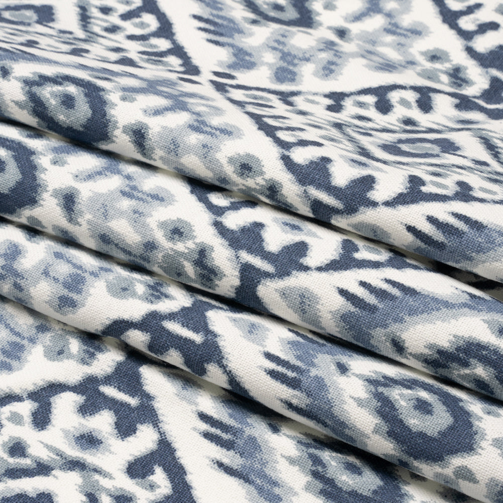 Muted Blue, Navy and White Decorative Ikat Diamonds Cotton Canvas Folded Muted Blue, Navy and White Decorative Ikat Diamonds Cotton Canvas Folded