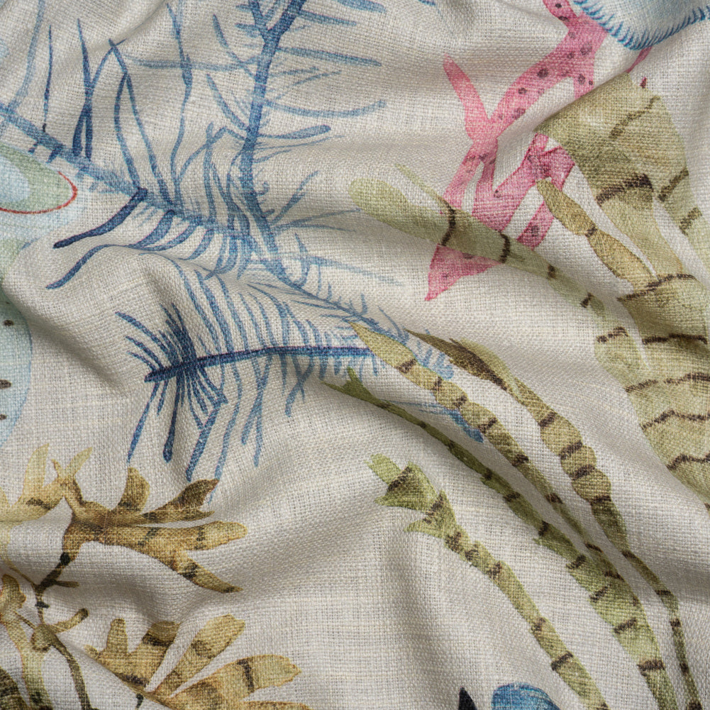 Flax, Pink and Blue Reef Exploration Slubbed Cotton Woven Flax, Pink and Blue Reef Exploration Slubbed Cotton Woven