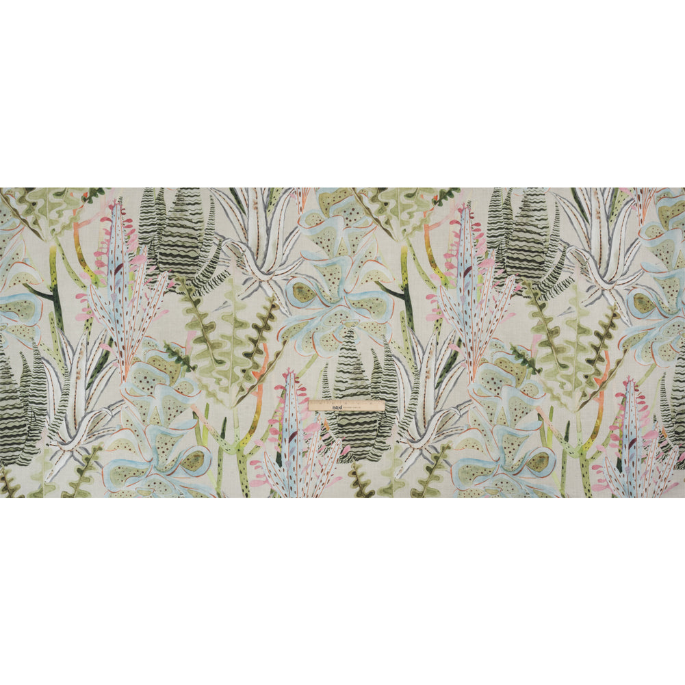 Green, Pastel Pink and Sky Blue Water Plants Slubbed Cotton Woven Full Green, Pastel Pink and Sky Blue Water Plants Slubbed Cotton Woven Full