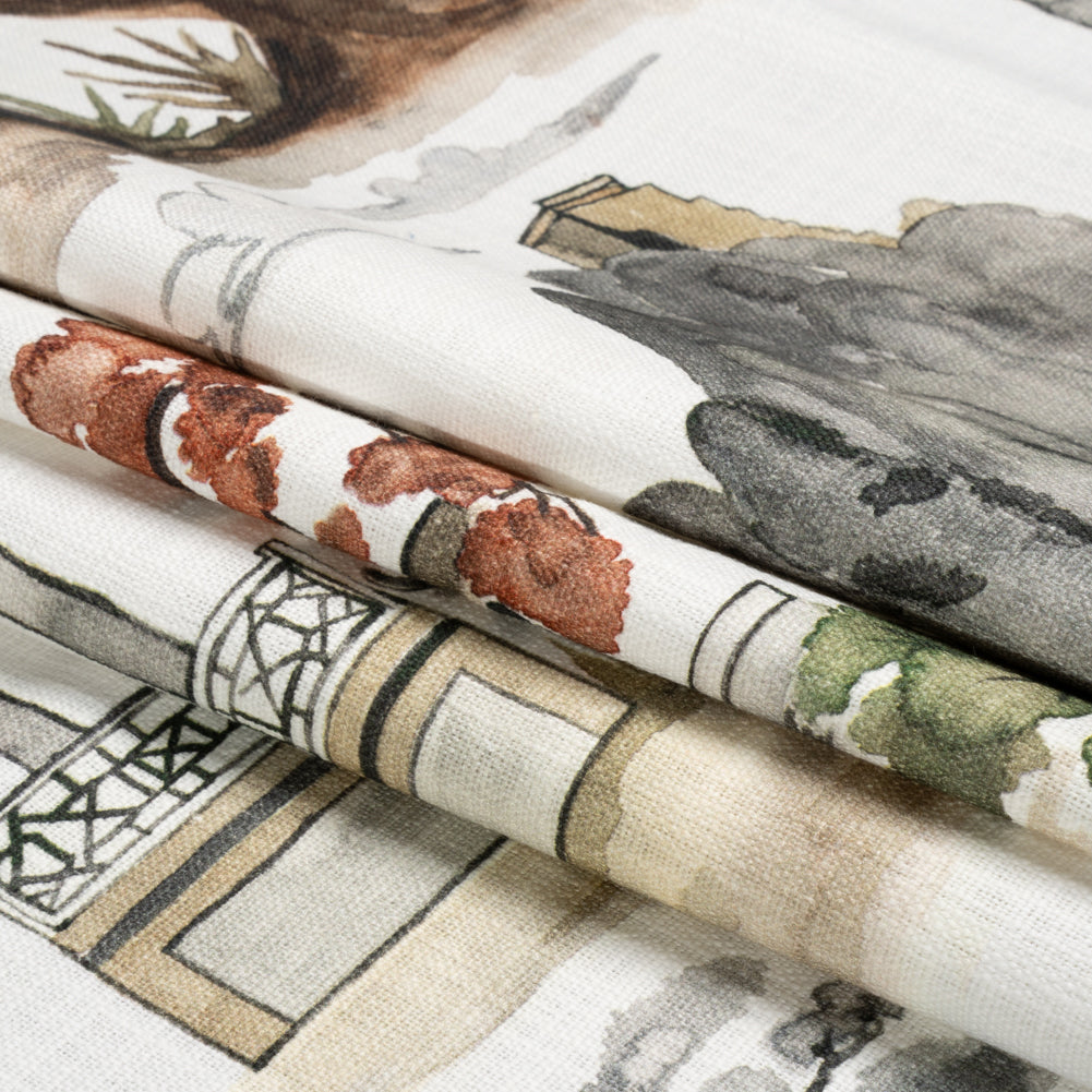 Gray, Rust and Green Pagodas and Mountains Slubbed Cotton Woven Folded Gray, Rust and Green Pagodas and Mountains Slubbed Cotton Woven Folded