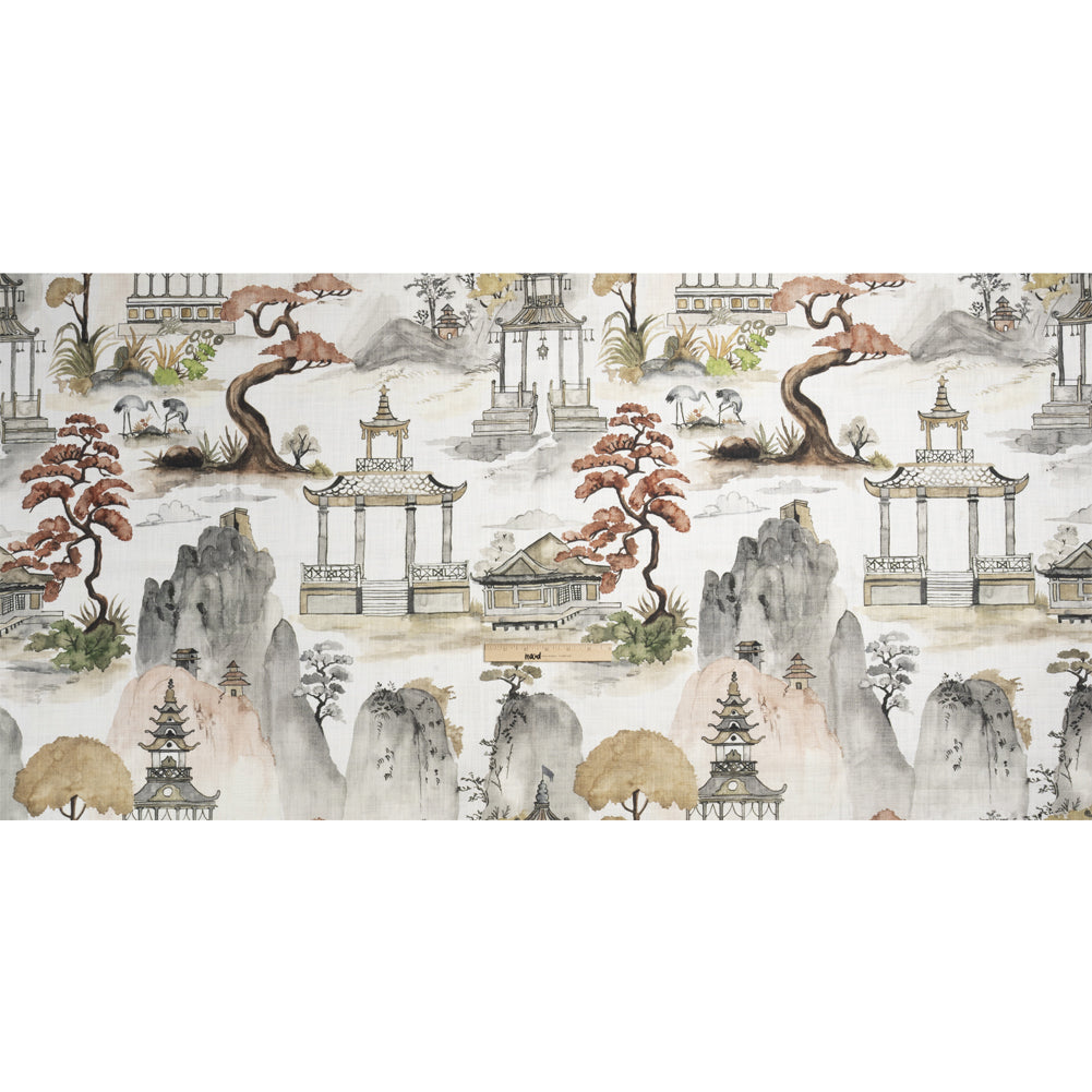 Gray, Rust and Green Pagodas and Mountains Slubbed Cotton Woven Full Gray, Rust and Green Pagodas and Mountains Slubbed Cotton Woven Full