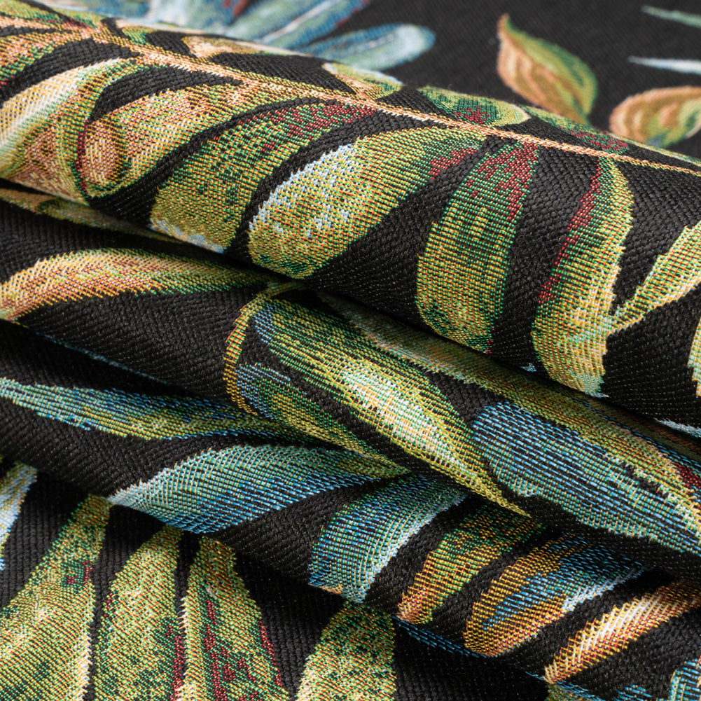 Black and Green Tropical Leaves Polyester and Cotton Jacquard Folded Black and Green Tropical Leaves Polyester and Cotton Jacquard Folded