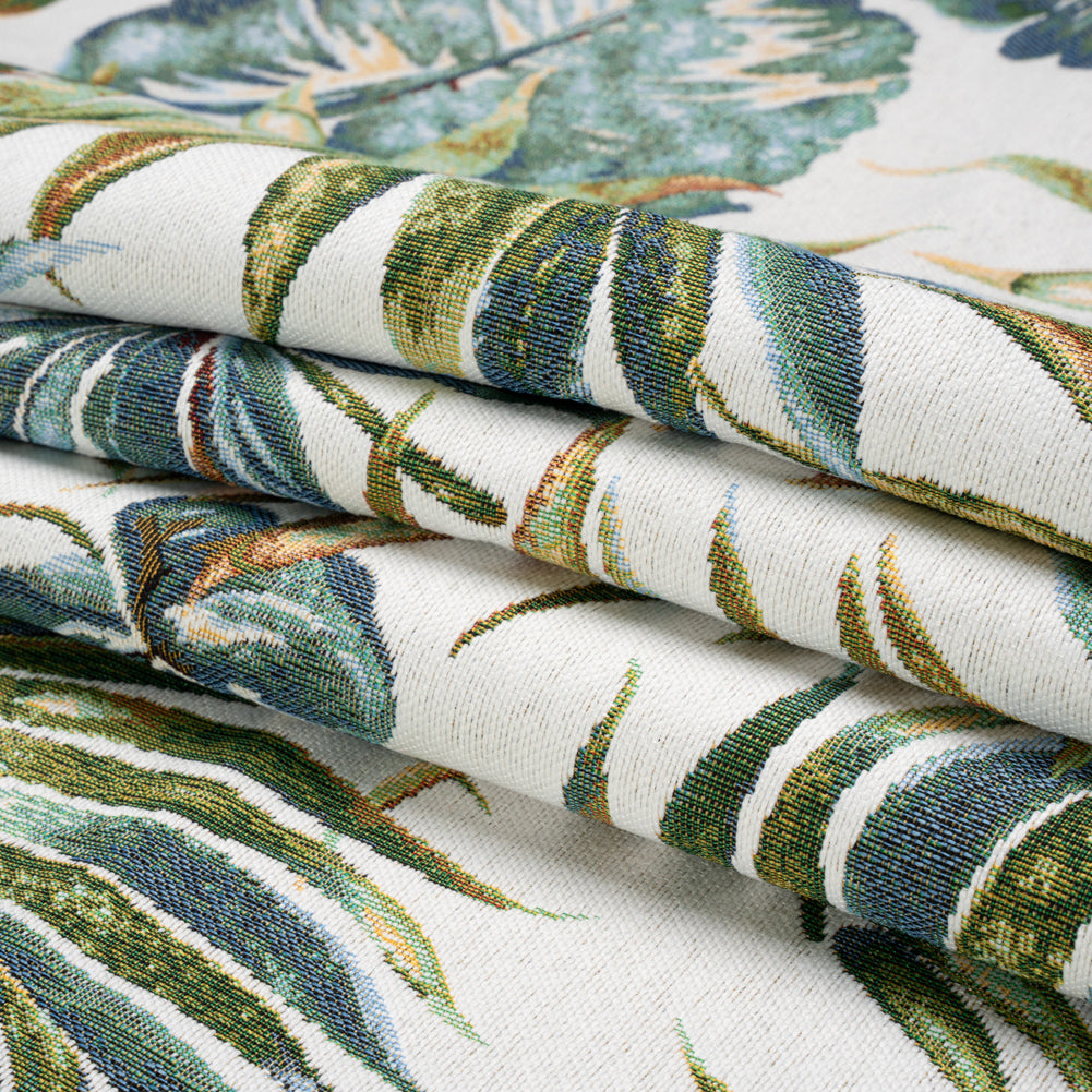 White and Green Tropical Leaves Polyester and Cotton Jacquard Folded White and Green Tropical Leaves Polyester and Cotton Jacquard Folded