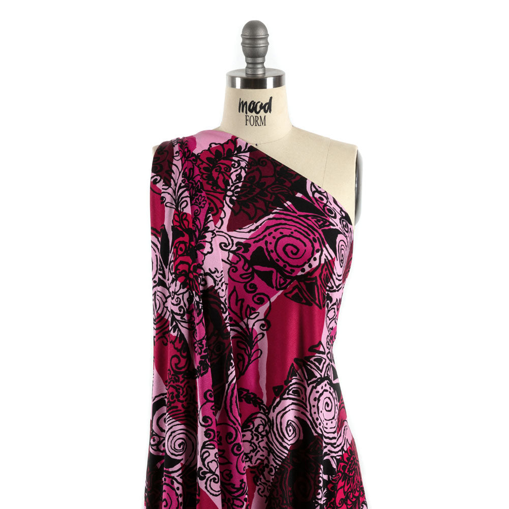 Bubblegum, Fuchsia and Wine Diamonds and Floral Outlines Silk Jersey Detail Bubblegum, Fuchsia and Wine Diamonds and Floral Outlines Silk Jersey Detail