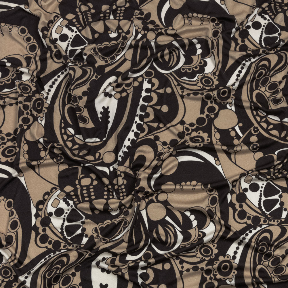 Chocolate, Tan and Whisper White Retro Flowers and Circles Silk Jersey Chocolate, Tan and Whisper White Retro Flowers and Circles Silk Jersey