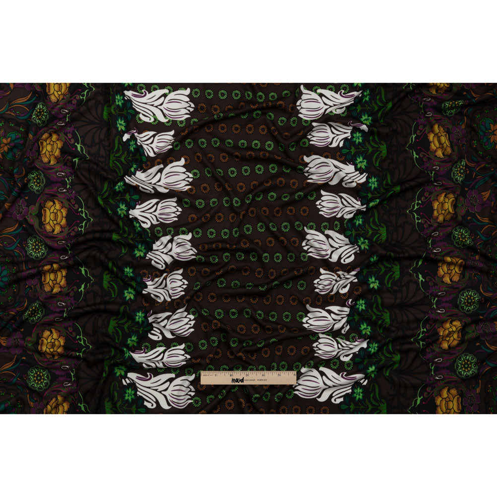 Brown, Green and Plum Waterlilies and Irises Border Silk Jersey Drape Brown, Green and Plum Waterlilies and Irises Border Silk Jersey Drape