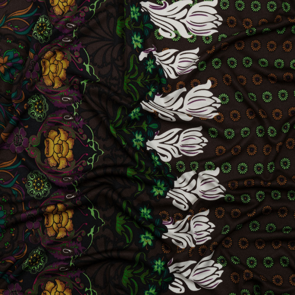 Brown, Green and Plum Waterlilies and Irises Border Silk Jersey Brown, Green and Plum Waterlilies and Irises Border Silk Jersey