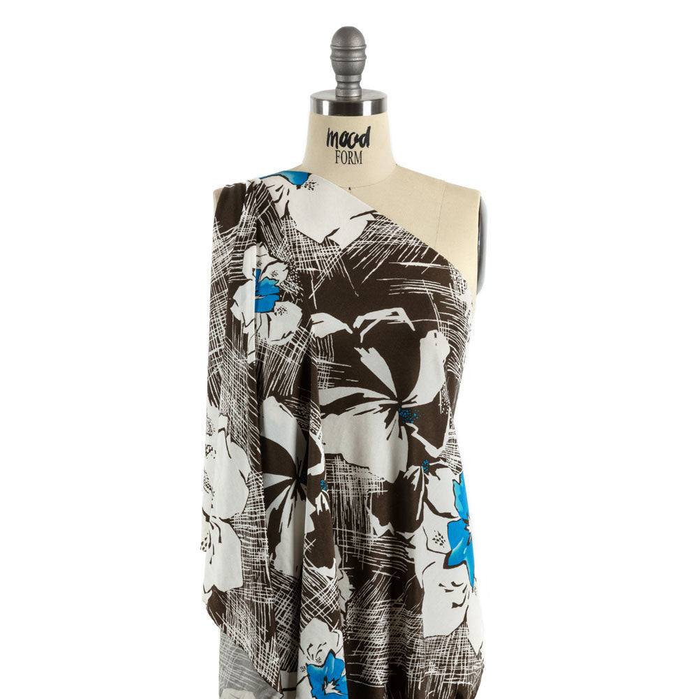 Dark Brown, Bright Blue and Cream Flowers and Crosshatching Silk Jersey Detail Dark Brown, Bright Blue and Cream Flowers and Crosshatching Silk Jersey Detail