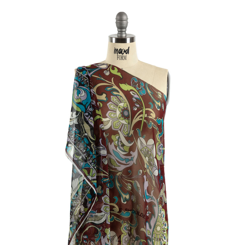 Wine, Turquoise and Lime Florals and Border Stripes Silk Chiffon Detail Wine, Turquoise and Lime Florals and Border Stripes Silk Chiffon Detail