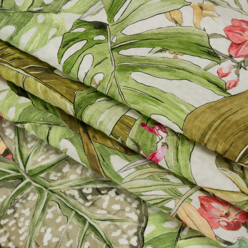 Cotton and Viscose Striped Seersucker Print - White, Green and Pink Tropical Leaves and Flowers - Mood Exclusive Monstera Mambo Folded Cotton and Viscose Striped Seersucker Print - White, Green and Pink Tropical Leaves and Flowers - Mood Exclusive Monstera Mambo Folded