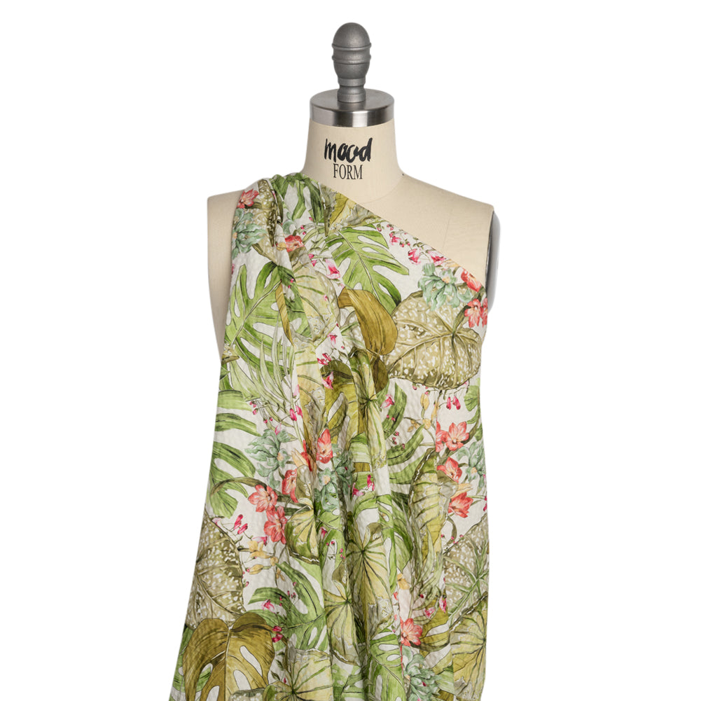 Cotton and Viscose Striped Seersucker Print - White, Green and Pink Tropical Leaves and Flowers - Mood Exclusive Monstera Mambo Drape Cotton and Viscose Striped Seersucker Print - White, Green and Pink Tropical Leaves and Flowers - Mood Exclusive Monstera Mambo Drape