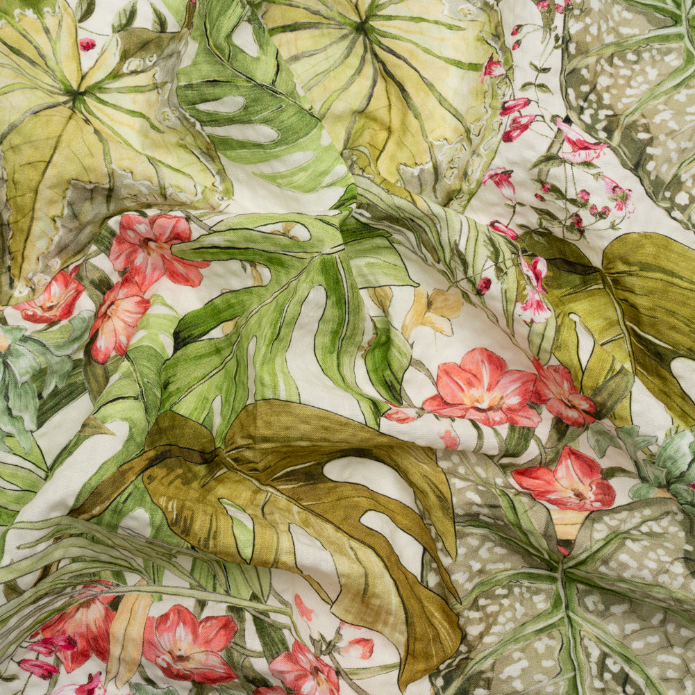 Cotton and Viscose Striped Seersucker Print - White, Green and Pink Tropical Leaves and Flowers - Mood Exclusive Monstera Mambo Cotton and Viscose Striped Seersucker Print - White, Green and Pink Tropical Leaves and Flowers - Mood Exclusive Monstera Mambo