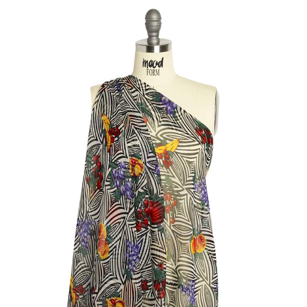 Black, White, and Green Op Art Fruits Silk Chiffon Detail Black, White, and Green Op Art Fruits Silk Chiffon Detail