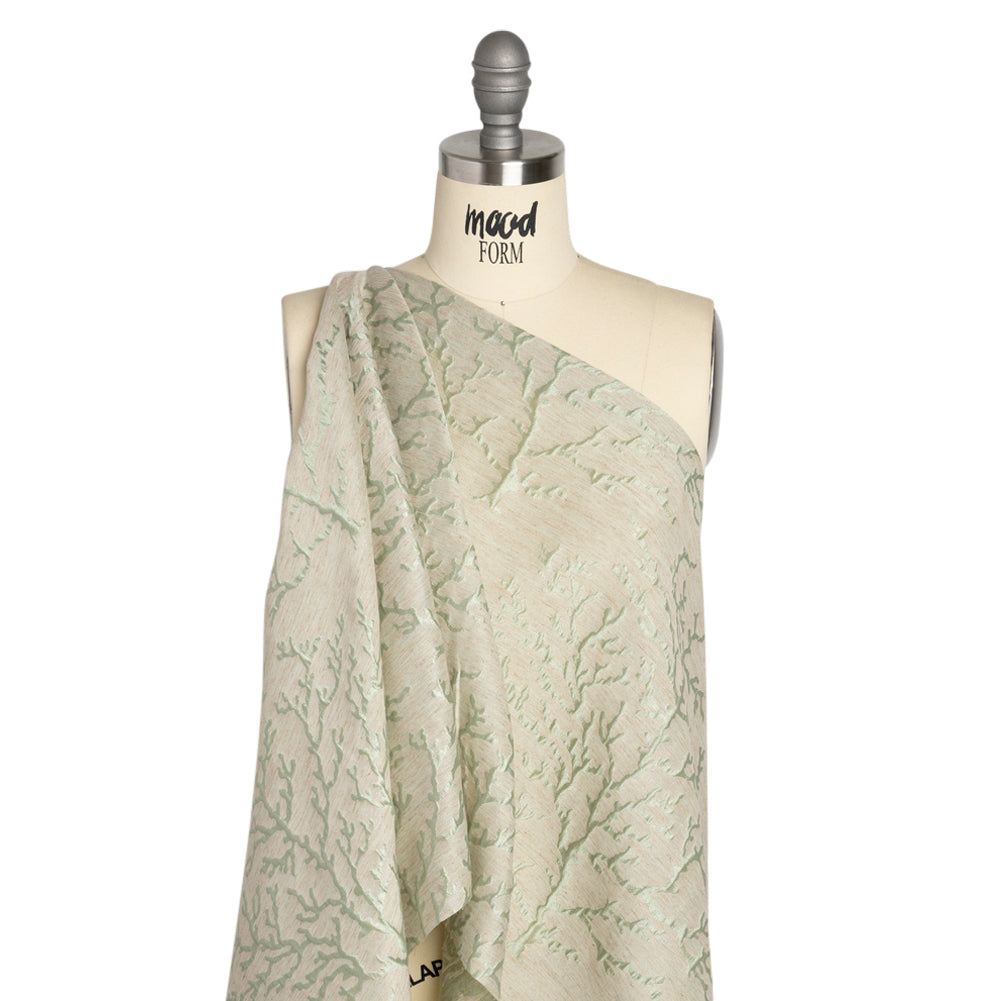 Luminous Sage Green and Heathered Beige Winter Trees Lightweight Polyester and Linen Brocade - Drape Luminous Sage Green and Heathered Beige Winter Trees Lightweight Polyester and Linen Brocade - Drape