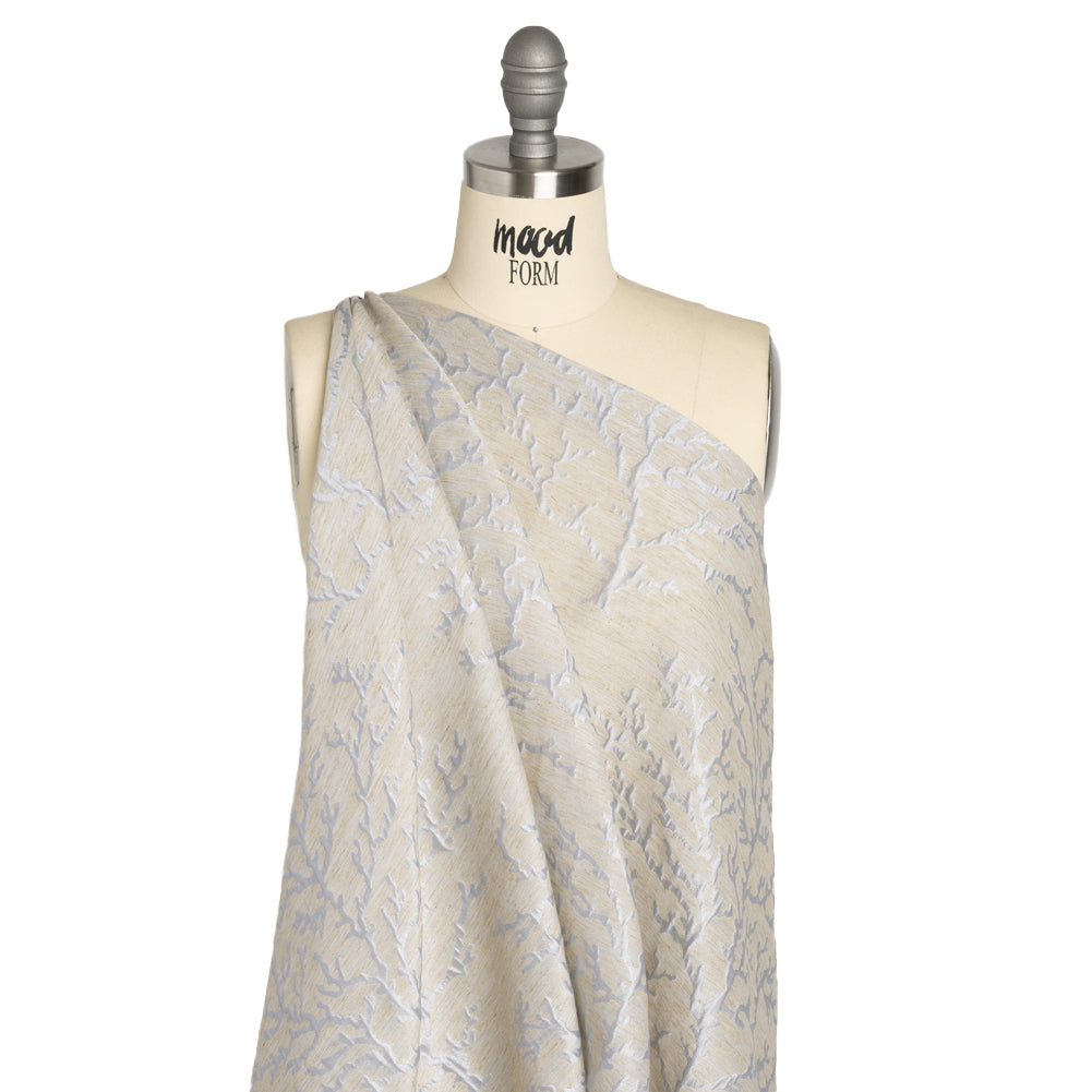 Luminous Baby Blue and Heathered Beige Winter Trees Lightweight Polyester and Linen Brocade - Drape Luminous Baby Blue and Heathered Beige Winter Trees Lightweight Polyester and Linen Brocade - Drape