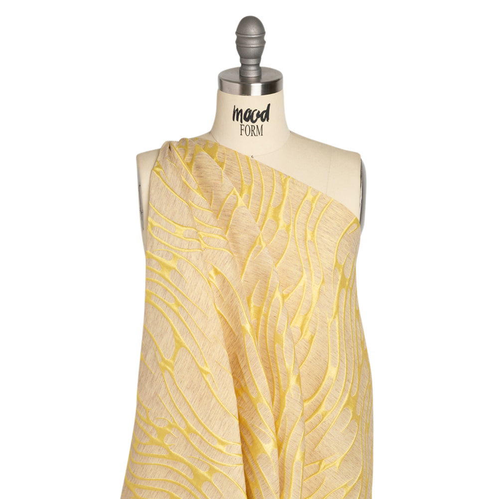 Luminous Yellow and Heathered Beige Ripples Lightweight Polyester and Linen Brocade - Drape Luminous Yellow and Heathered Beige Ripples Lightweight Polyester and Linen Brocade - Drape