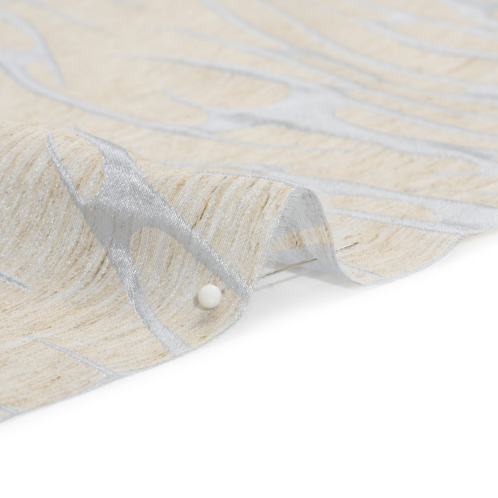 Luminous Baby Blue and Heathered Beige Ripples Lightweight Polyester and Linen Brocade - Detail Luminous Baby Blue and Heathered Beige Ripples Lightweight Polyester and Linen Brocade - Detail