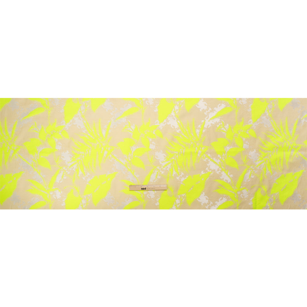 Neon Yellow, White and Beige Soft Leaves Lightweight Polyester and Viscose Luxury Brocade - Full Neon Yellow, White and Beige Soft Leaves Lightweight Polyester and Viscose Luxury Brocade - Full