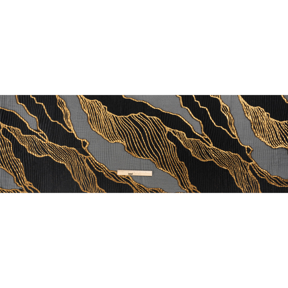 Metallic Gold and Black Abstract Formations Ribbed Burnout Luxury Brocade - Full Metallic Gold and Black Abstract Formations Ribbed Burnout Luxury Brocade - Full