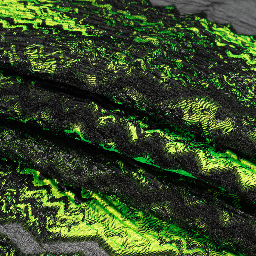Metallic Black and Lime Green Drifting Rifts Crinkled Luxury Burnout Brocade - Folded Metallic Black and Lime Green Drifting Rifts Crinkled Luxury Burnout Brocade - Folded